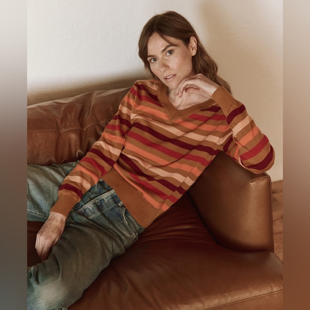 Pact V-Neck Striped Sweater in Rust Multicolor - Picture 4 of 7
